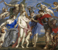 Quadro 'A Paz e a Guerra' de Peter Paul Rubens, representando figuras mitológicas como Minerva, Vênus, Marte e Cupidos, simbolizando os horrores da guerra e as bençãos da paz, com Cronos ao fundo. Cena vibrante e dramática.