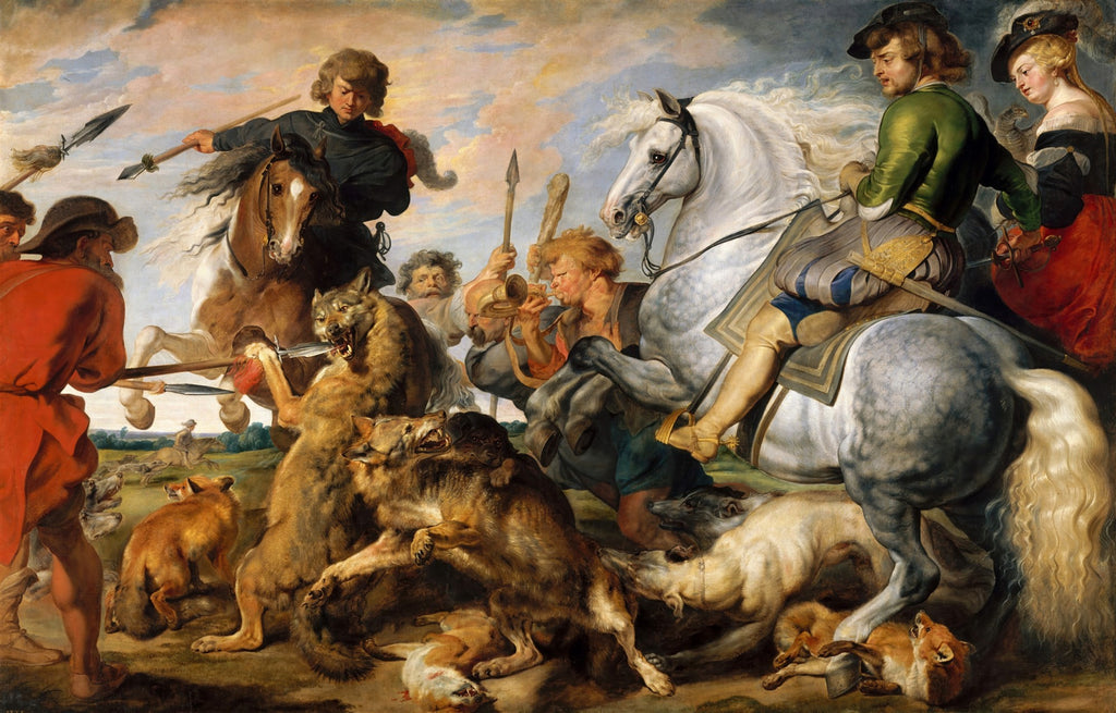 Quadro 'A Caça ao Lobo e à Raposa' de Peter Paul Rubens, representando uma cena de caça intensa com cavaleiros, lobos e raposas em movimento dinâmico e cores vibrantes.