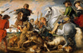 Quadro 'A Caça ao Lobo e à Raposa' de Peter Paul Rubens, representando uma cena de caça intensa com cavaleiros, lobos e raposas em movimento dinâmico e cores vibrantes.
