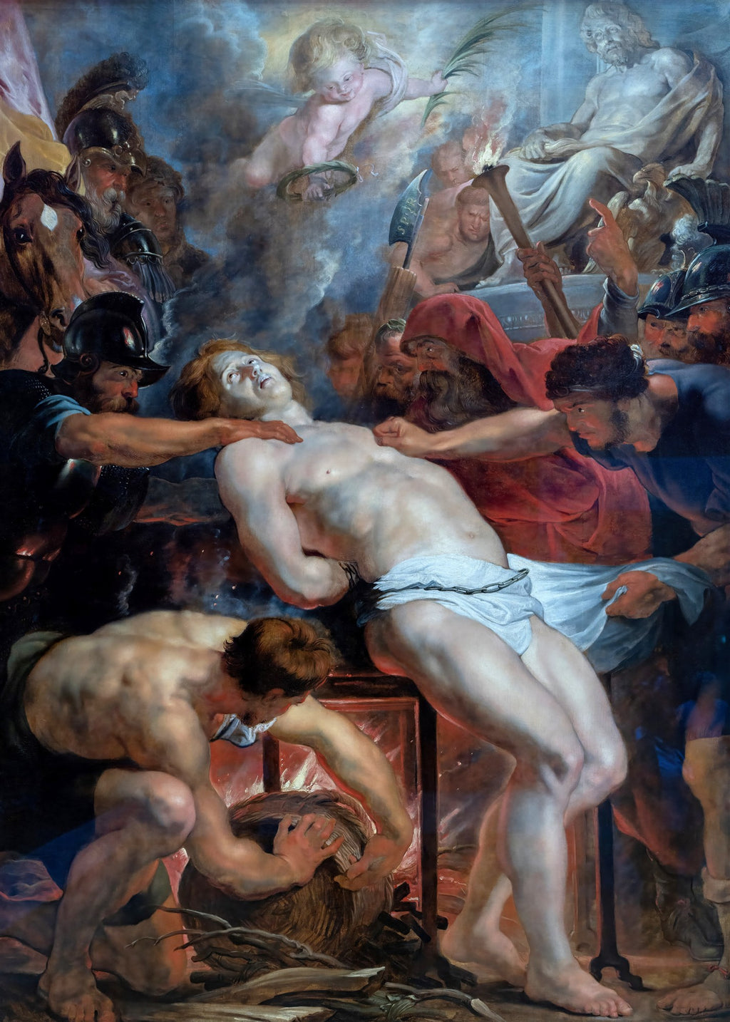 Quadro decorativo detalhando a pintura 'O Martírio de São Lourenço' de Peter Paul Rubens, mostrando o santo sendo martirizado sobre uma grelha, rodeado por figuras dramáticas e anjos no céu.