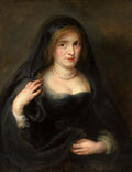 Retrato de uma jovem mulher com véu preto e colar de pérolas, atribuído a Peter Paul Rubens, em estilo barroco. Ela tem cabelos claros e pele rosada, vestindo um traje escuro. O fundo é neutro e escuro.