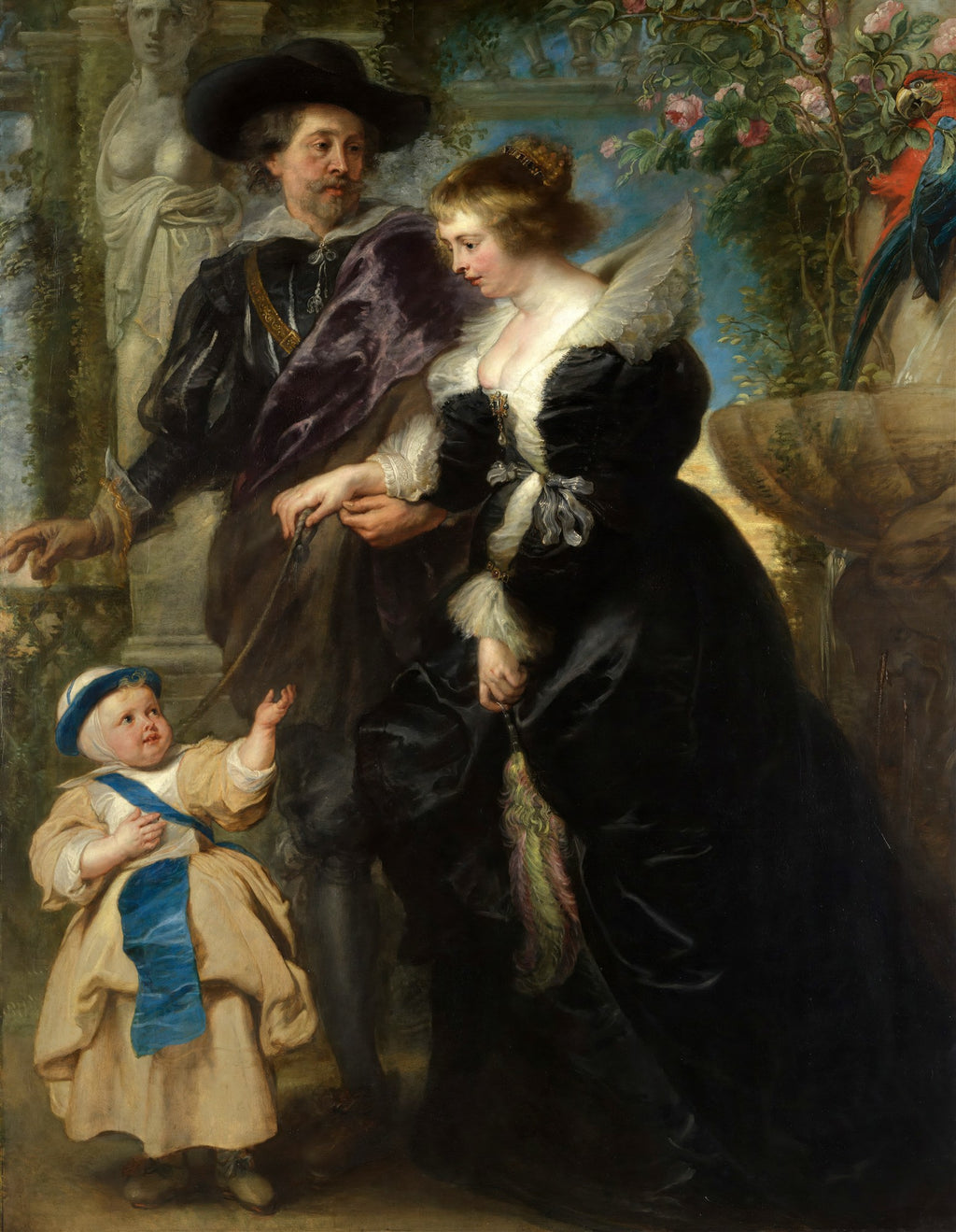 Retrato de família barroco de Peter Paul Rubens, com homem de chapéu, mulher de vestido escuro e criança, em um cenário de jardim exuberante.