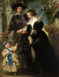 Retrato de família barroco de Peter Paul Rubens, com homem de chapéu, mulher de vestido escuro e criança, em um cenário de jardim exuberante.