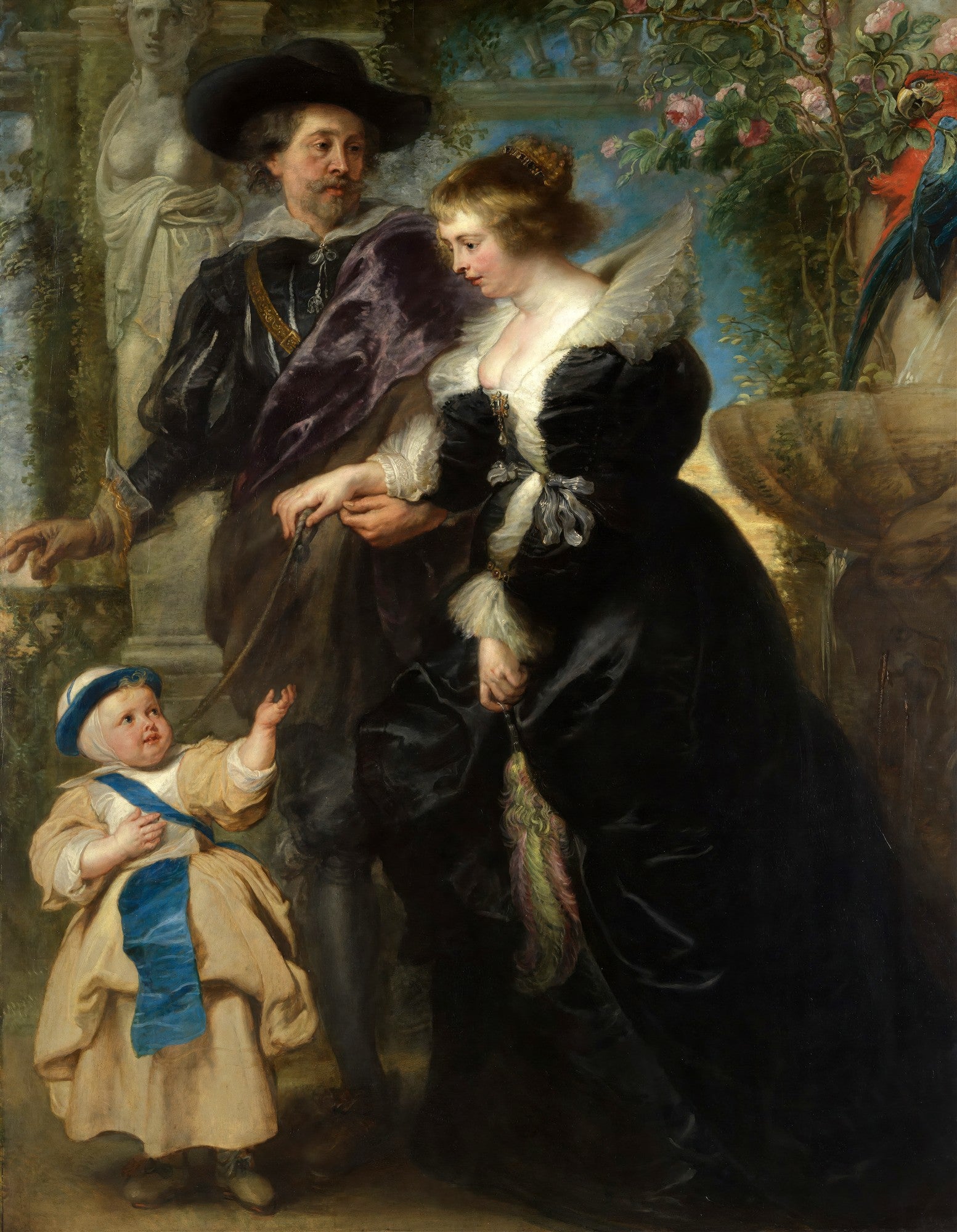 Retrato de família barroco de Peter Paul Rubens, com homem de chapéu, mulher de vestido escuro e criança, em um cenário de jardim exuberante.