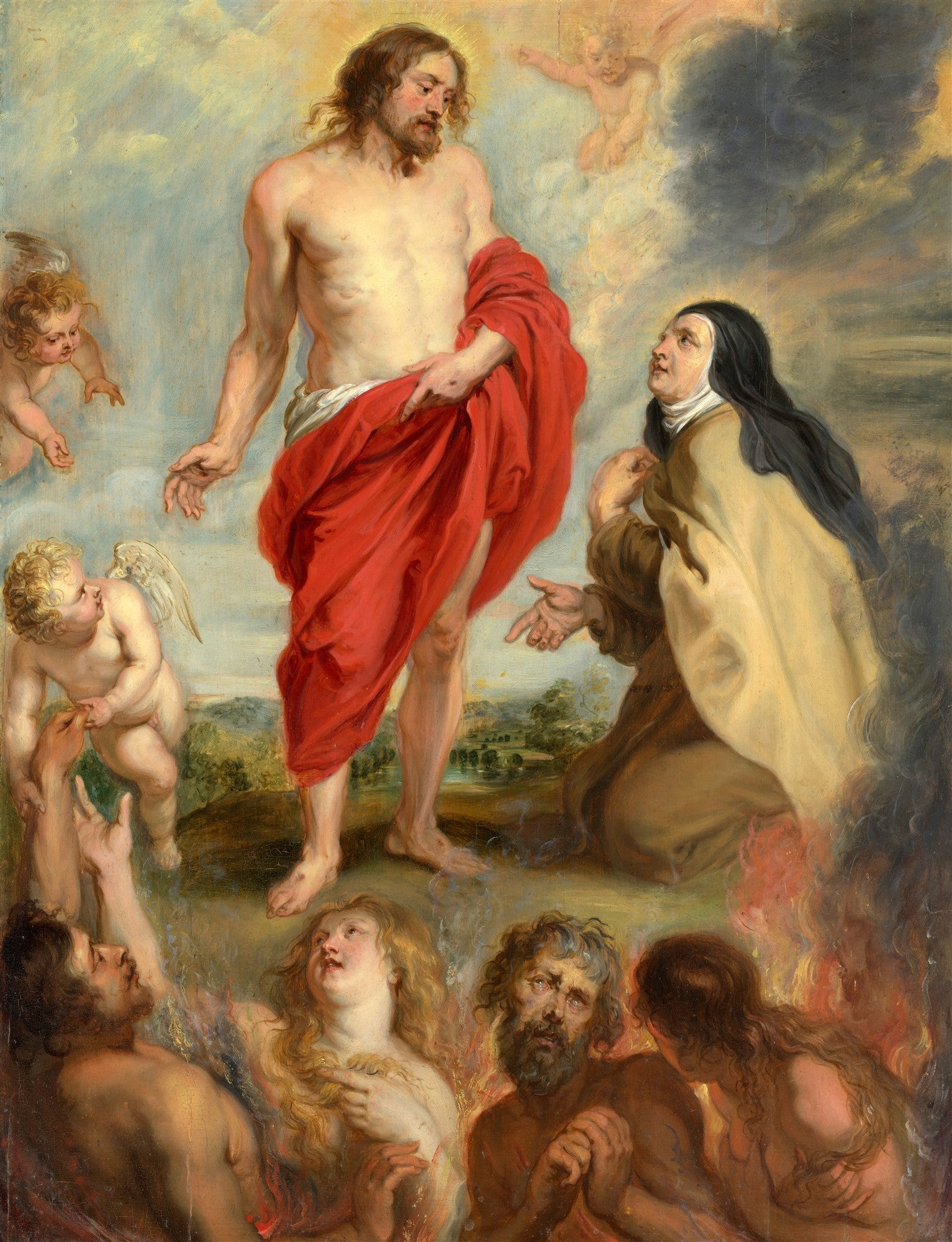 Pintura barroca de Peter Paul Rubens, representando Cristo em vestes vermelhas aparecendo a Santa Teresa de Ávila ajoelhada e a almas sofredoras no purgatório