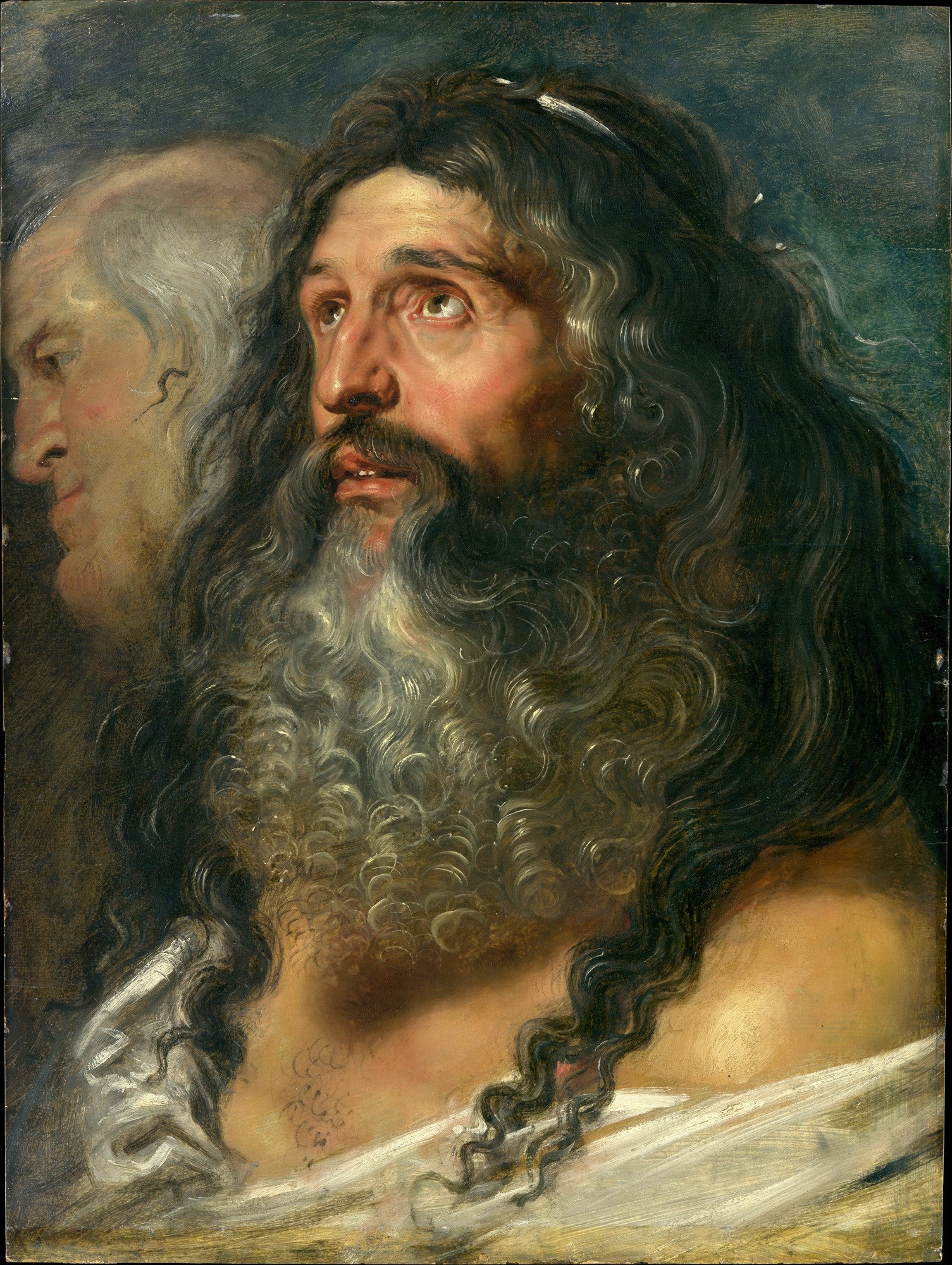 Quadro decorativo com um retrato dramático de um homem com barba e cabelos longos e encaracolados, olhando para cima, em estilo barroco de Peter Paul Rubens.