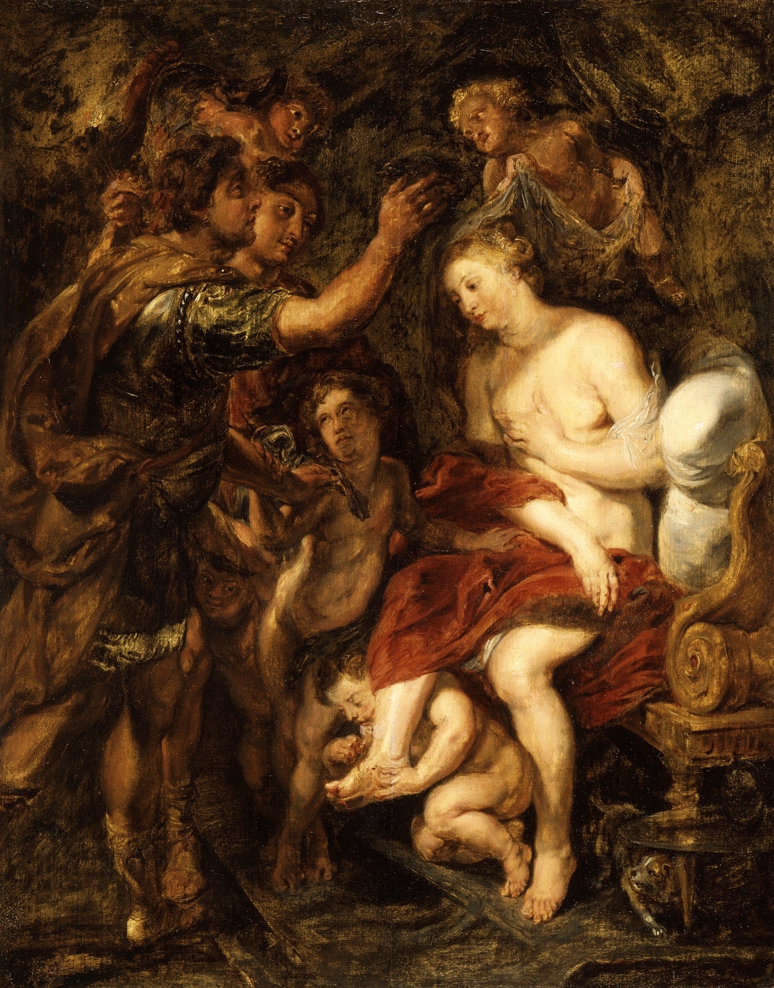 Pintura barroca de Peter Paul Rubens, A Coroação da Heroína, mostrando figuras mitológicas, incluindo uma mulher coroada por um homem e querubins, com tons ricos de marrom e dourado.