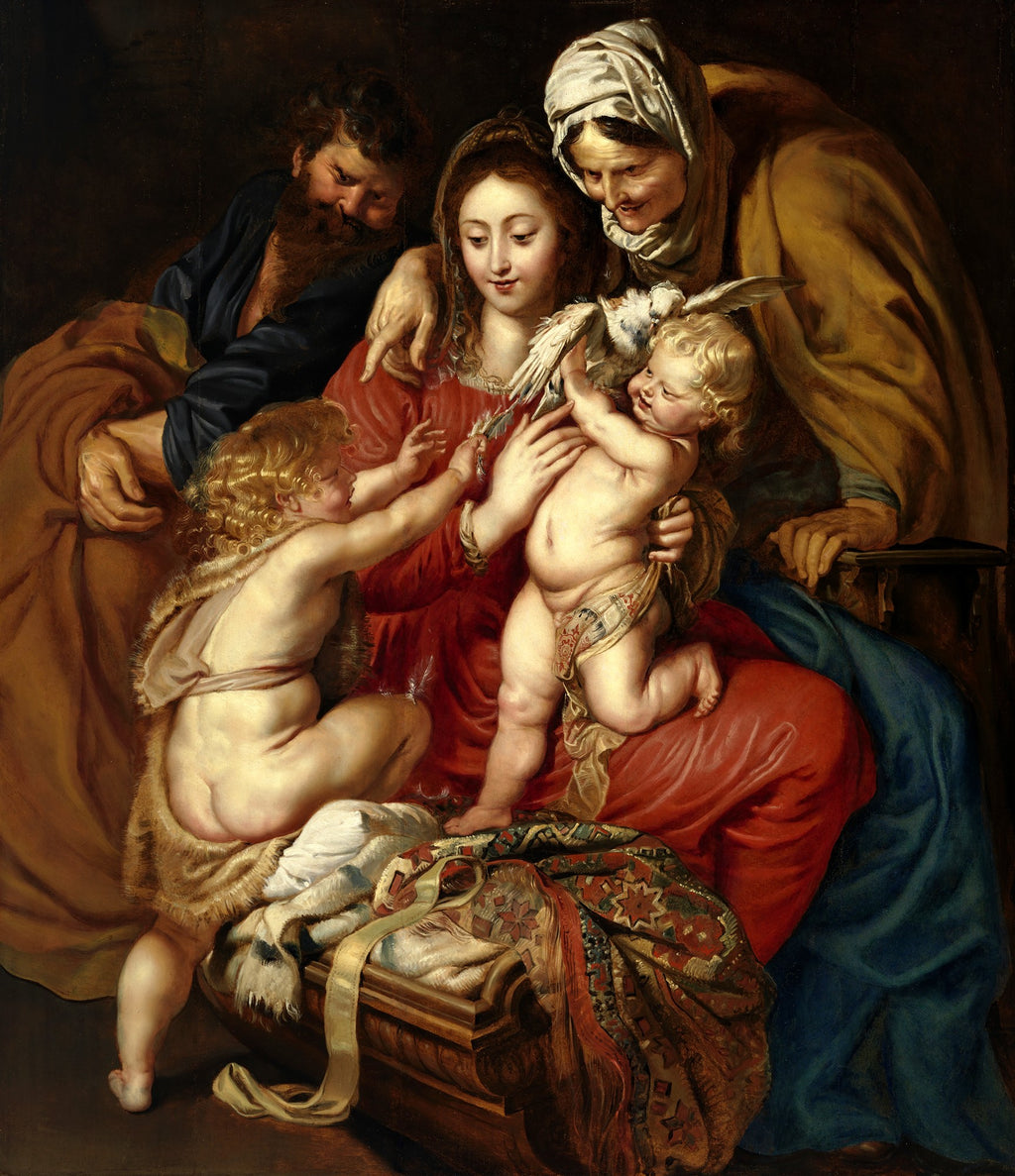 Quadro decorativo da Sagrada Família de Peter Paul Rubens, mostrando Maria segurando o Menino Jesus que brinca com um pássaro, Santa Isabel e São João Batista criança, e José ao fundo. Cores ricas e quentes, com forte contraste de luz e sombra.