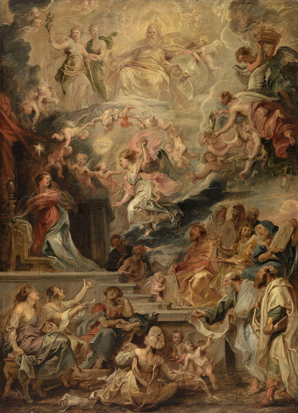 Quadro decorativo mostrando a Assunção da Virgem Maria por Peter Paul Rubens, com figuras celestiais e anjos e figuras terrenas em adoração, em tons de dourado, azul e vermelho.
