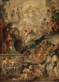Quadro decorativo mostrando a Assunção da Virgem Maria por Peter Paul Rubens, com figuras celestiais e anjos e figuras terrenas em adoração, em tons de dourado, azul e vermelho.