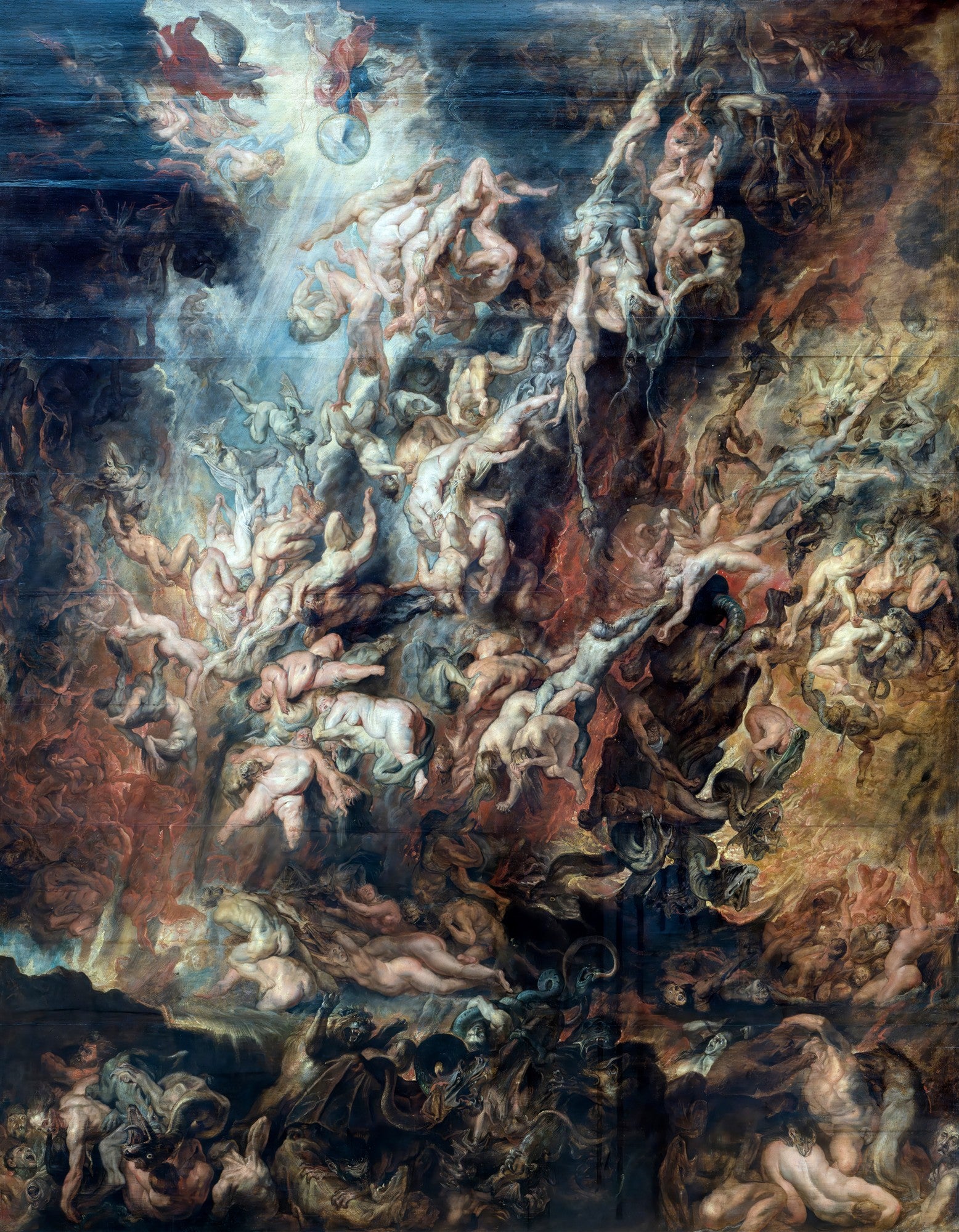 Quadro decorativo detalhado de A Queda dos Condenados de Peter Paul Rubens, com múltiplos corpos em movimento de queda, anjos e demônios, em tons dramáticos de azul, vermelho e marrom.