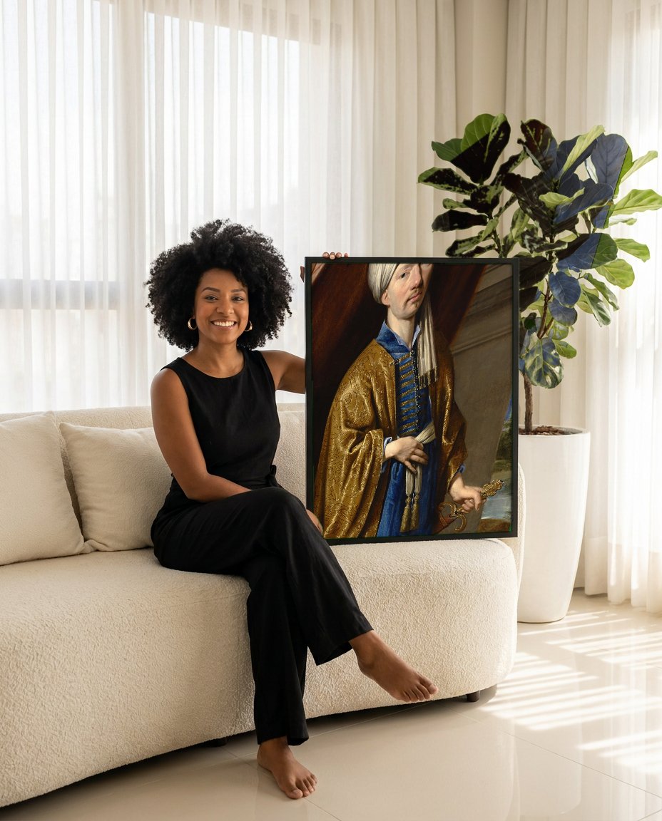 Quadro Decorativo Homem com Turbante – Philippe de Champaigne com modelo em ambiente
