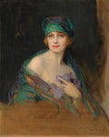 Retrato a óleo de Philip Alexius de László mostrando uma senhora com turbante verde e echarpe colorida, olhando diretamente para o observador com um sorriso sutil. O fundo é escuro e a iluminação destaca o rosto e os ombros da figura.