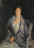 Retrato a óleo de uma senhora elegante com joias de pérolas, vestindo um xale e sentada em uma poltrona, em tons de azul, cinza e bege, contra um fundo escuro. Obra de Philip Alexius de László.