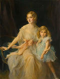 Retrato a óleo de uma mãe elegante e sua filha pequena, ambas loiras, vestindo roupas claras e suaves. A mãe usa um vestido bege com um laço rosa, e a filha um vestido azul-claro.