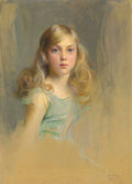 Retrato de uma jovem menina loira, com olhos azuis e expressão serena, usando um vestido verde-água, pintada por Philip Alexius de László.