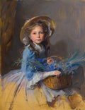 Retrato de uma jovem menina com chapéu e cesta de flores azuis, pintado em estilo impressionista por Philip Alexius de László.