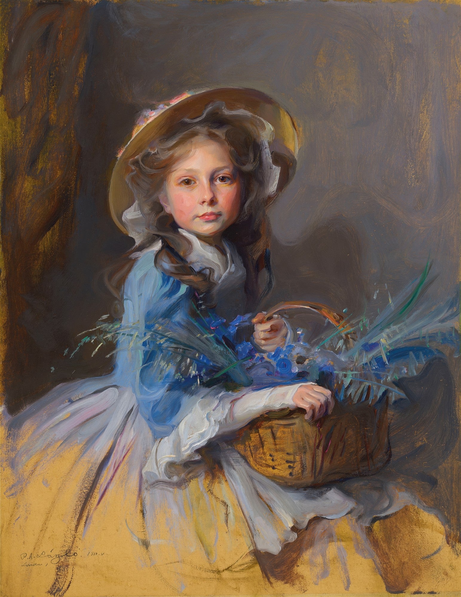 Retrato de uma jovem menina com chapéu e cesta de flores azuis, pintado em estilo impressionista por Philip Alexius de László.