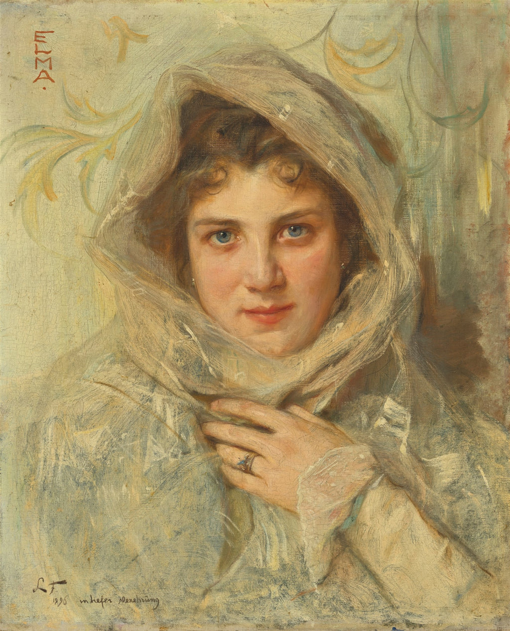 Retrato de uma jovem mulher com véu claro, de autoria de Philip Alexius de László, com olhos azuis e expressão gentil