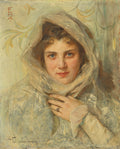 Retrato de uma jovem mulher com véu claro, de autoria de Philip Alexius de László, com olhos azuis e expressão gentil