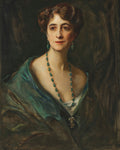 Retrato de mulher com cabelos castanhos e cachos, vestindo um xale verde-azulado e um colar e brincos de esmeraldas, sobre um fundo escuro. Atribuído a Philip Alexius de László.