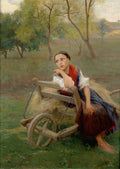 Quadro decorativo com pintura a óleo de uma jovem camponesa sentada em uma carroça de feno, olhando para longe com expressão pensativa, em um campo verde com árvores ao fundo.