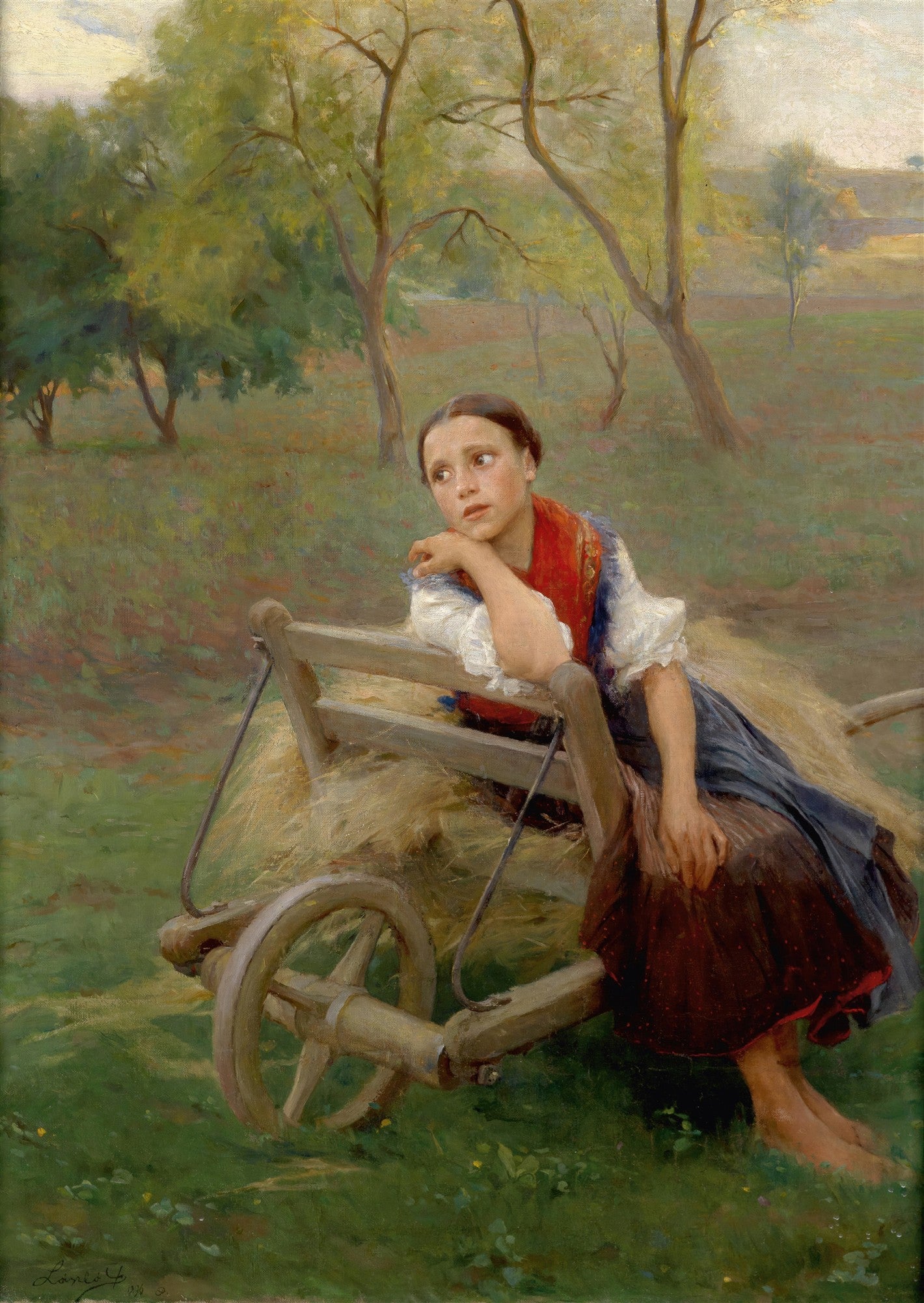 Quadro decorativo com pintura a óleo de uma jovem camponesa sentada em uma carroça de feno, olhando para longe com expressão pensativa, em um campo verde com árvores ao fundo.
