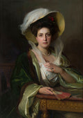 Retrato de uma mulher elegante com chapéu de plumas e vestido verde, pintado por Philip Alexius de László, em estilo clássico com fundo escuro e rico em detalhes.