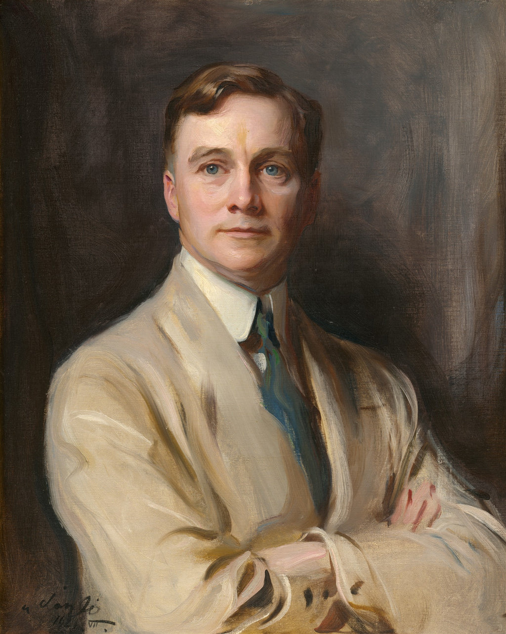 Retrato de um jovem cavalheiro de cabelos castanhos, olhos azuis e expressão séria, vestindo um casaco claro e gravata, atribuído a Philip Alexius de László.