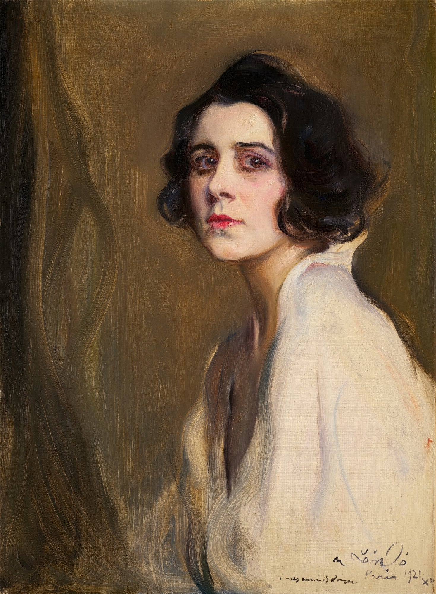 Quadro decorativo com retrato de mulher de Philip Alexius de László, com cabelo escuro ondulado, pele clara e lábios vermelhos, em fundo dourado.