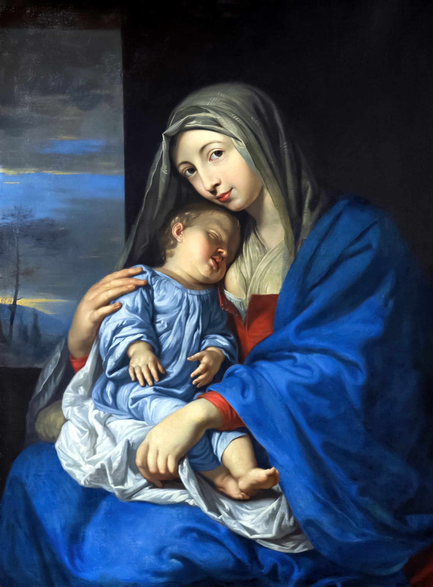 Quadro decorativo 'A Virgem e o Menino' de Philippe de Champaigne, representando a Virgem Maria com um manto azul e o Menino Jesus dormindo em seus braços.
