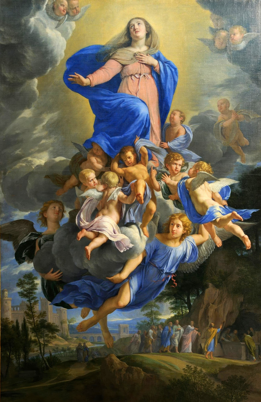 Quadro decorativo 'A Assunção da Virgem' de Philippe de Champaigne, mostrando a Virgem Maria ascendendo ao céu em meio a anjos e nuvens, com figuras terrenas na parte inferior. A imagem é rica em detalhes e cores barrocas.