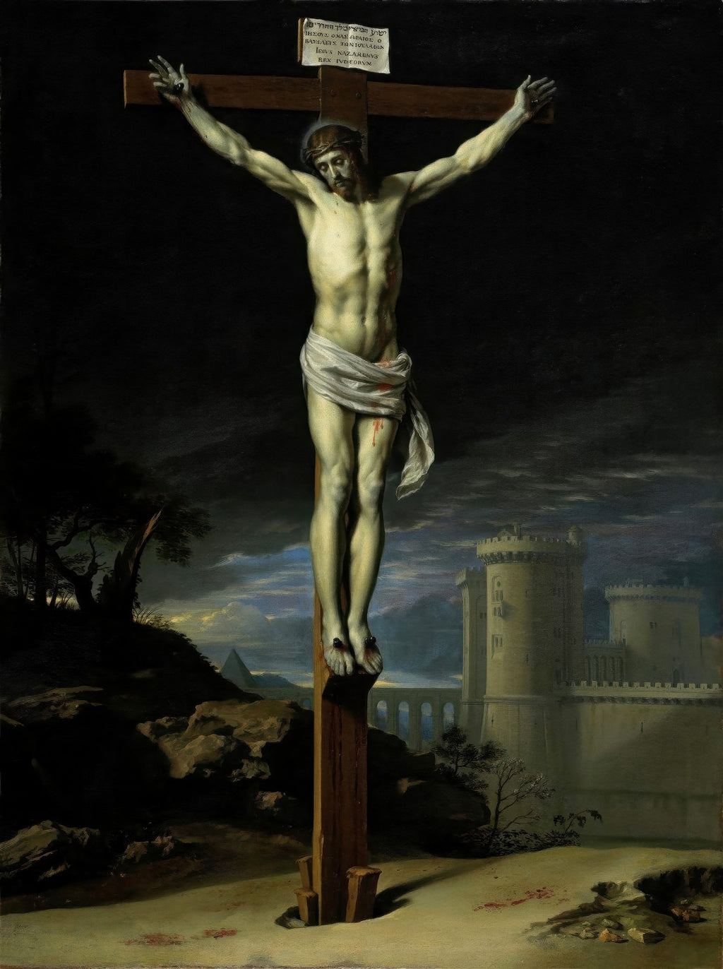Quadro decorativo da pintura 'A Crucifixão' de Philippe de Champaigne, mostrando Jesus Cristo na cruz sob um céu dramático e escuro, com construções ao fundo.