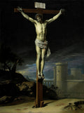 Quadro decorativo da pintura 'A Crucifixão' de Philippe de Champaigne, mostrando Jesus Cristo na cruz sob um céu dramático e escuro, com construções ao fundo.