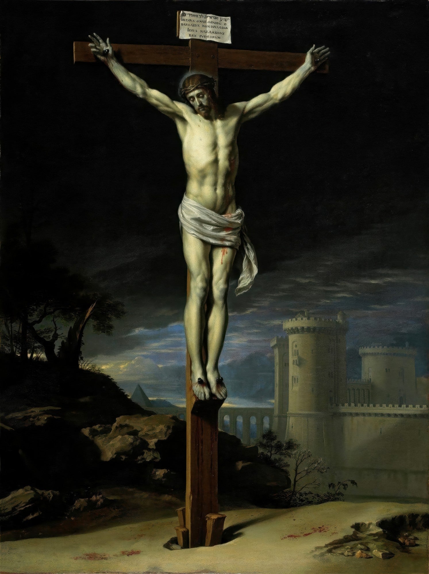 Quadro decorativo da pintura 'A Crucifixão' de Philippe de Champaigne, mostrando Jesus Cristo na cruz sob um céu dramático e escuro, com construções ao fundo.