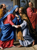 Quadro decorativo 'A Visitação' de Philippe de Champaigne, mostrando o encontro de Maria e Isabel em um estilo barroco com cores ricas como azul, vermelho e ocre, e figuras expressivas.