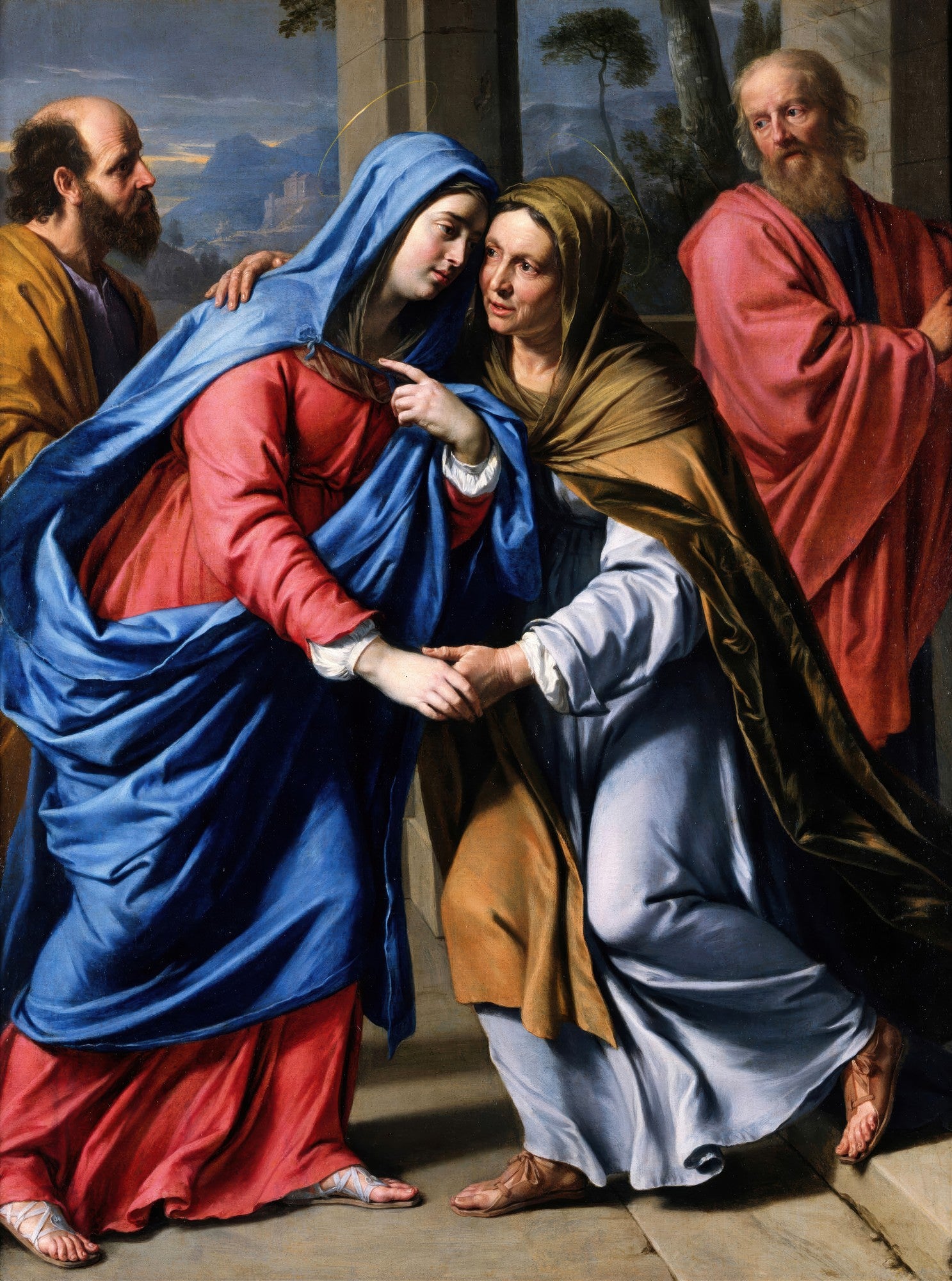 Quadro decorativo 'A Visitação' de Philippe de Champaigne, mostrando o encontro de Maria e Isabel em um estilo barroco com cores ricas como azul, vermelho e ocre, e figuras expressivas.