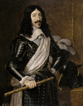 Retrato de Luís XIII, Rei da França, em armadura preta e detalhes dourados, com manto branco e colar de renda, segurando um bastão. Pintura de Philippe de Champaigne.
