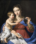 Quadro decorativo 'A Virgem e o Menino com Uvas' de Philippe de Champaigne, mostrando Maria e o Menino Jesus em um fundo escuro, com Maria segurando um cacho de uvas escuras e o Menino estendendo a mão para elas.