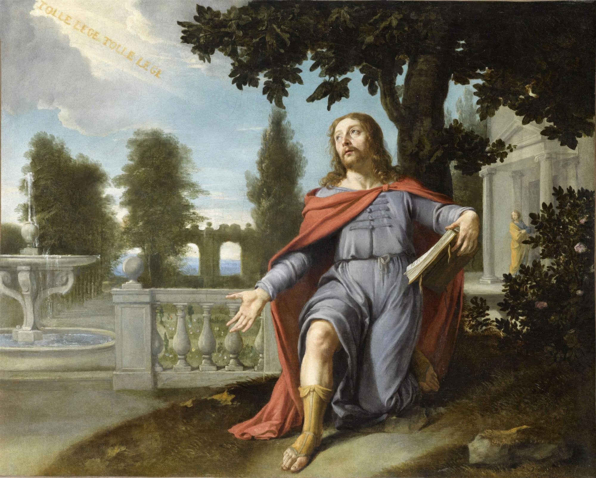 Quadro decorativo 'A Conversão de Santo Agostinho' de Philippe de Champaigne, com figura ajoelhada e texto 'Tolle Lege' no céu, em um jardim clássico.