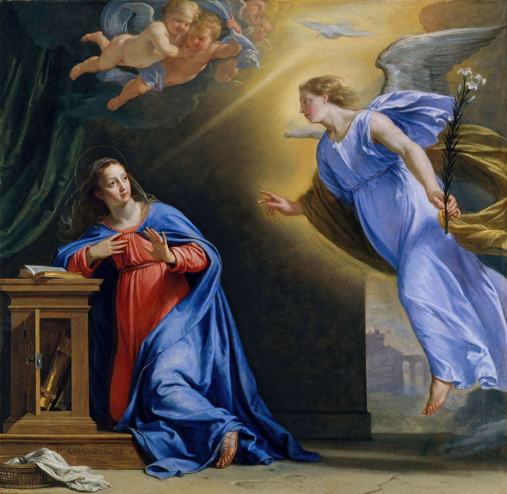 Quadro decorativo 'A Anunciação' de Philippe de Champaigne, mostrando a Virgem Maria ajoelhada diante do anjo Gabriel em um cenário celestial.