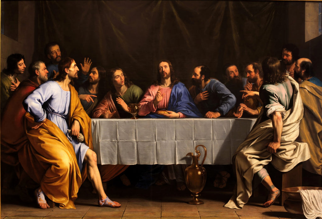 Quadro decorativo "A Última Ceia" de Philippe de Champaigne, mostrando Jesus e os doze apóstolos sentados à mesa durante a última ceia, com detalhes em dourado e azul.