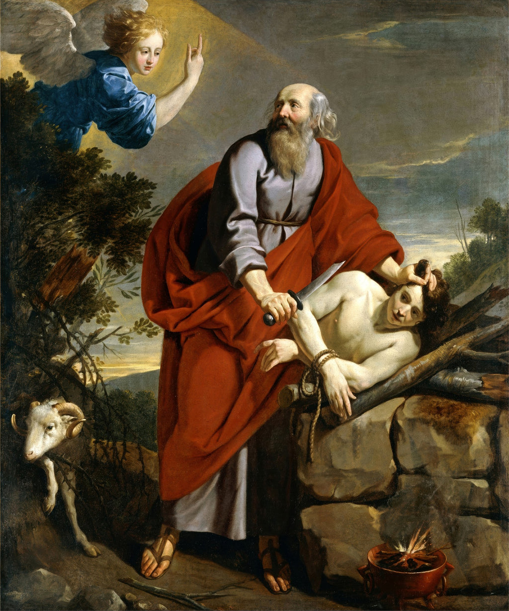 Quadro decorativo 'O Sacrifício de Isaac' de Philippe de Champaigne, mostrando Abraão prestes a sacrificar Isaac, impedido por um anjo. Inclui um cordeiro ao lado.