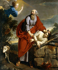 Quadro decorativo 'O Sacrifício de Isaac' de Philippe de Champaigne, mostrando Abraão prestes a sacrificar Isaac, impedido por um anjo. Inclui um cordeiro ao lado.