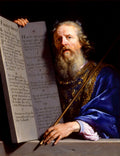 Quadro de Moisés segurando as tábuas dos Dez Mandamentos, pintado por Philippe de Champaigne, em tons de azul, dourado e marrom, com fundo escuro.