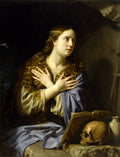 Quadro decorativo mostrando a Madalena Penitente de Philippe de Champaigne, com longos cabelos, olhar introspectivo, mãos cruzadas, um crânio e um livro.