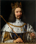 Retrato de Luís XIII coroado, segurando um cetro e uma coroa de espinhos, por Philippe de Champaigne. O rei veste manto de arminho e coroa dourada, com fundo escuro.