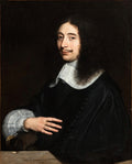 Retrato de um homem com cabelos longos e escuros, bigode e cavanhaque, vestindo traje escuro com gola e punhos de renda branca. Fundo escuro. Pintura de Philippe de Champaigne.