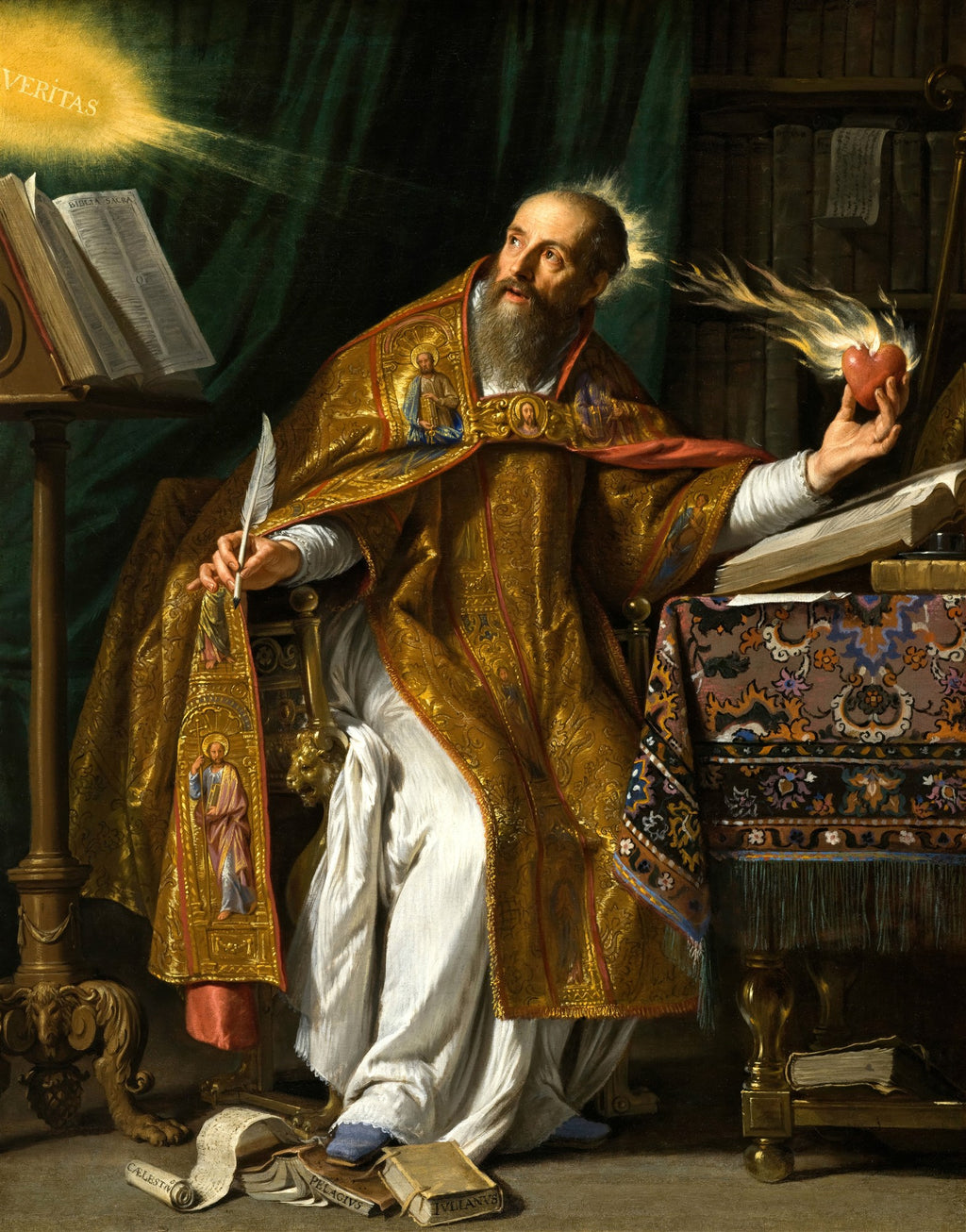 Quadro decorativo com a pintura 'São Agostinho' de Philippe de Champaigne. A imagem mostra um homem idoso, barbudo, vestido com vestes episcopais douradas e brancas, sentado em uma escrivaninha. Ele segura uma pena na mão esquerda e um coração flamejante na mão direita, olhando para cima com expressão de êxtase. Raios de luz com a palavra 'VERITAS' emanam de um livro à sua esquerda. Livros e pergaminhos estão espalhados pelo chão.