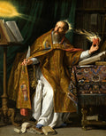 Quadro decorativo com a pintura 'São Agostinho' de Philippe de Champaigne. A imagem mostra um homem idoso, barbudo, vestido com vestes episcopais douradas e brancas, sentado em uma escrivaninha. Ele segura uma pena na mão esquerda e um coração flamejante na mão direita, olhando para cima com expressão de êxtase. Raios de luz com a palavra 'VERITAS' emanam de um livro à sua esquerda. Livros e pergaminhos estão espalhados pelo chão.